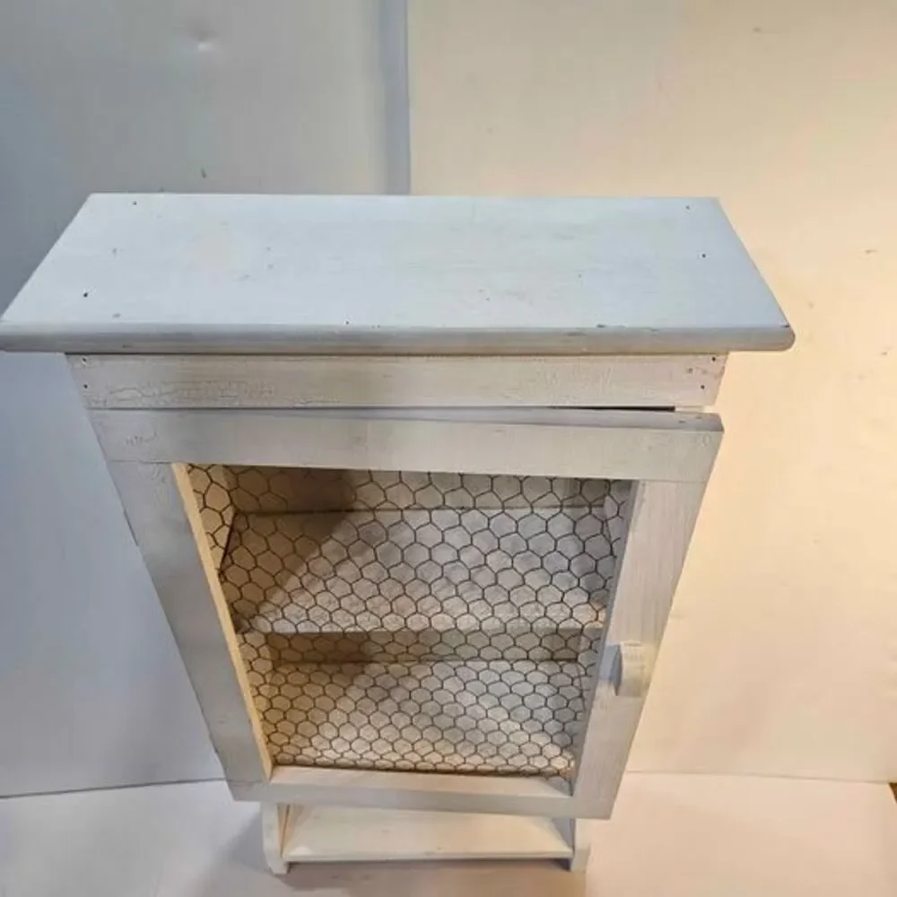 Rustic White Farmhouse Wall Cabinet with Chicken Wire Door